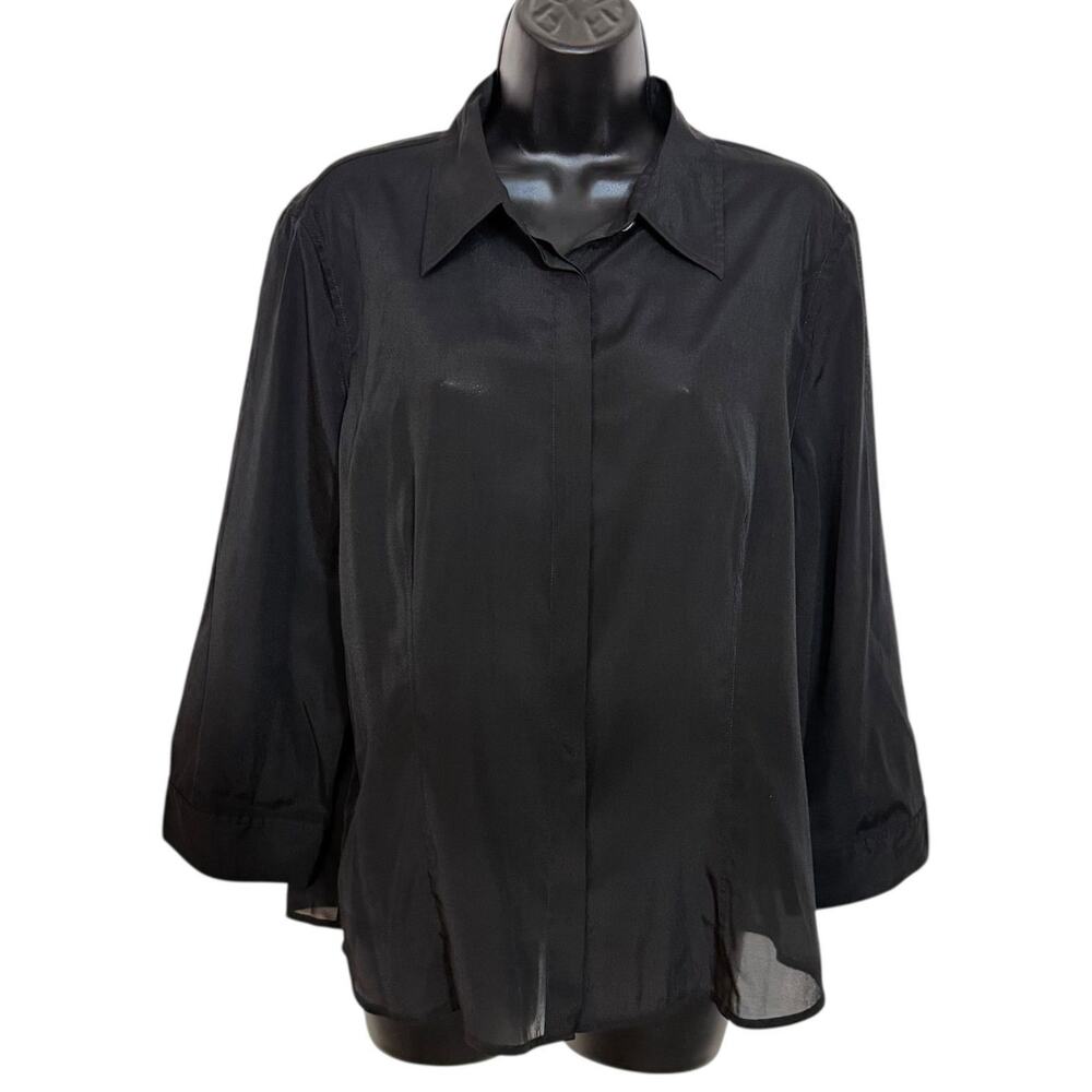 BLACK SHEER THREE-QUARTER SLEEVE SILK BLEND BLOUSE BY YANSI FUGEL 90s STYLE XL